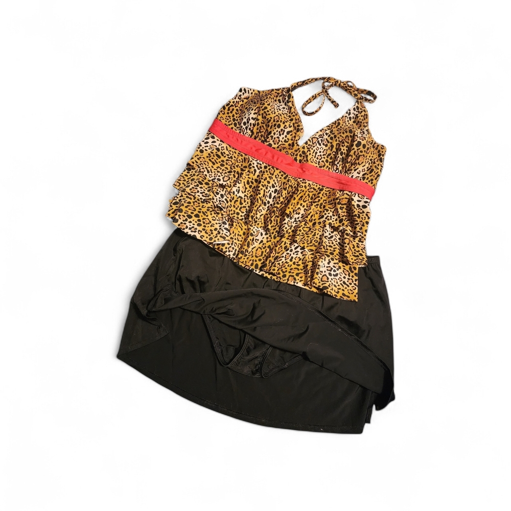 Catalina Leopard Print Halter Tankini with Coral Band and Black Skirt